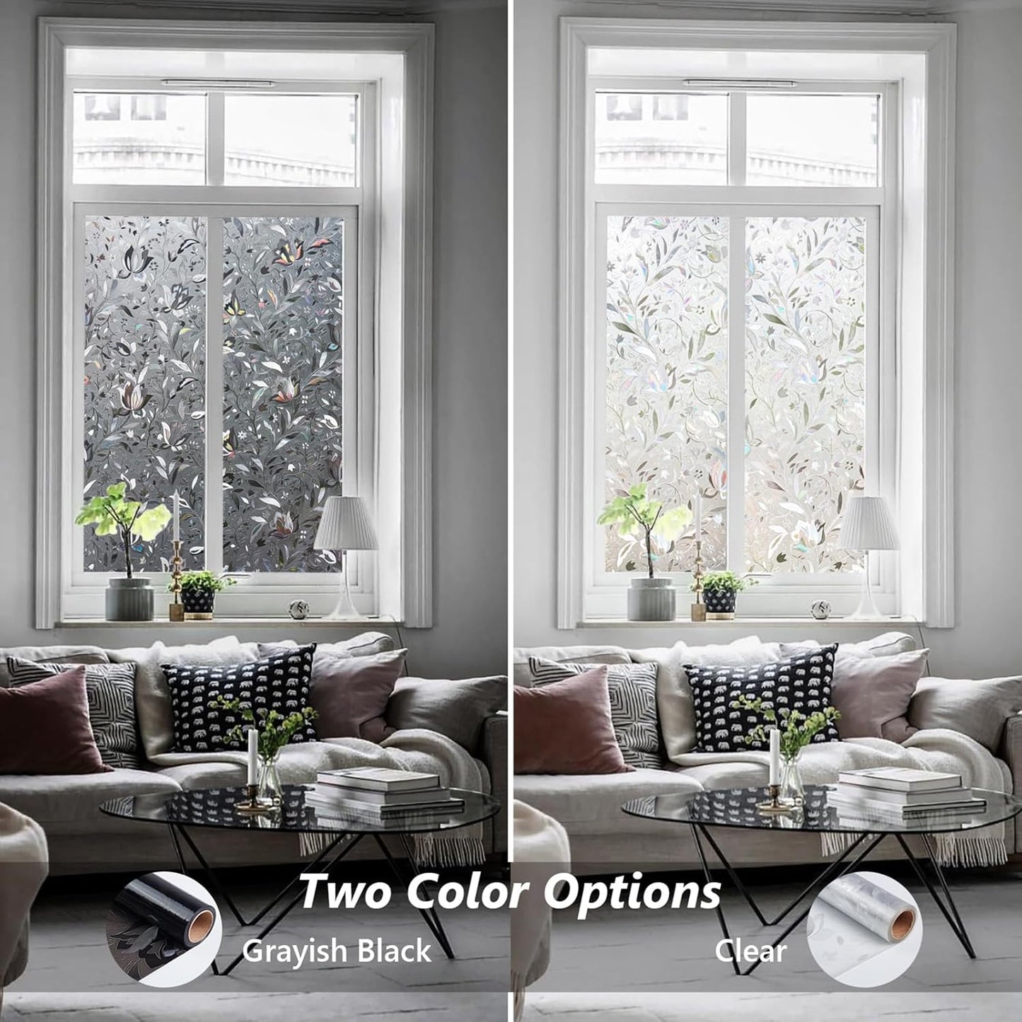 Kromapolis Window Film, Window Privacy Film Frosted, Vinyl Glass Covering, Stained Glass Decorative Film, Static Window Clings, Non-Adhesive (Grayish Black, 11.8 x 78.7 inch)