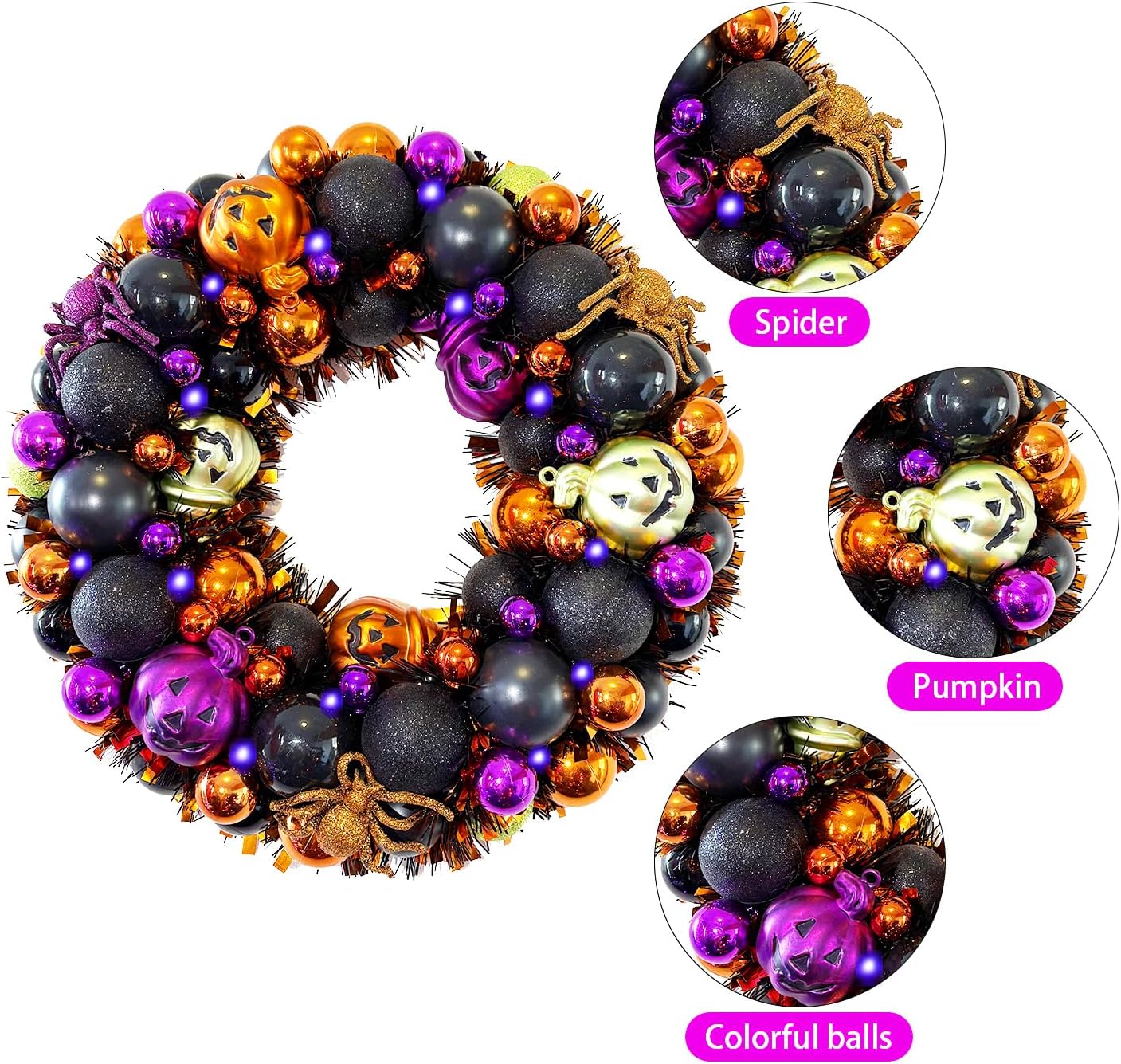 13.8 Inch Halloween Ball Wreath for Front Door with Lights, Lighted Cute Treat-or-Trick Door Wreath Ball Ornament for Halloween Indoor Decorations Centerpiece Party Holiday Wall Home Decor