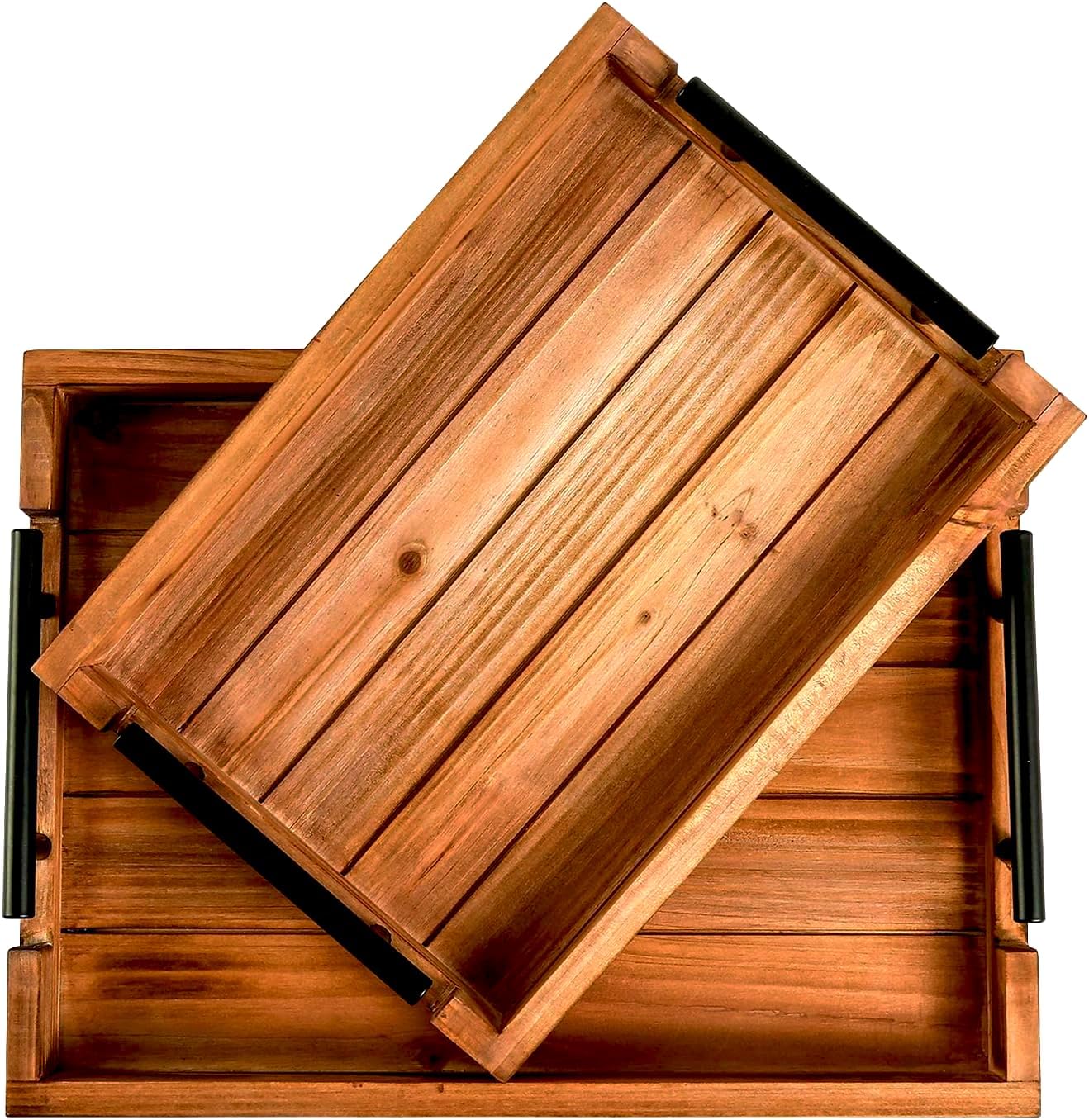 Set of 2 Decorative Nested Wood Vintage Serving Tray with Black Stainless Steel Handles for Eating, Breakfast in Bed,Kitchen,Ottoman Trays, Coffee Table Trays Farmhouse Tray