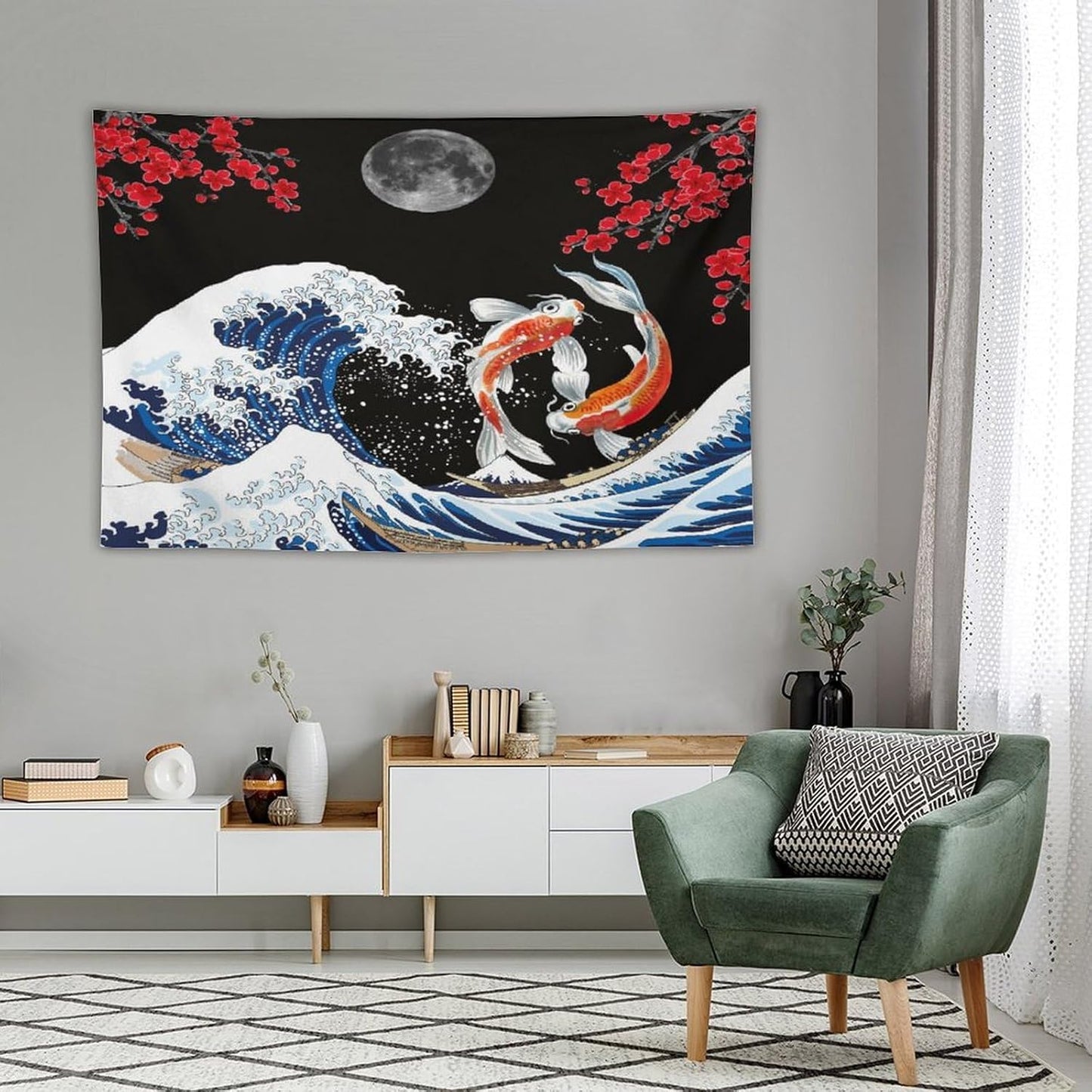 Houselerax Japanese Koi Fish Tapestry, Yin Yang Big Wave Red Cherry Blossom Tapestries Wall Hanging for Bedroom Living Room Office Decor 60"x40"
