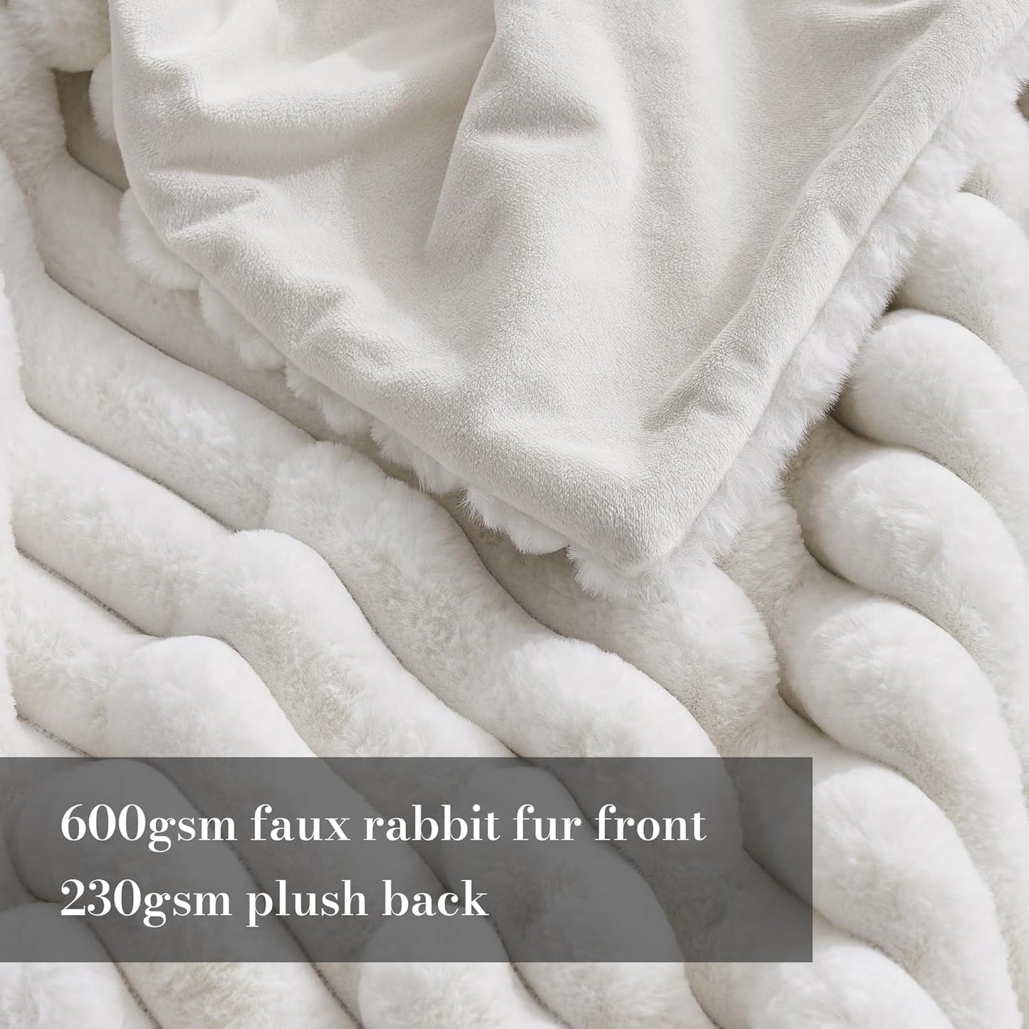 Amélie Home Faux Fur Throw Blanket for Couch, Cozy Fuzzy Fluffy Fur Luxurious Soft Striped Plush Gift Blankets for Family Sofa Chair Bed Living Room Bedroom, 55"x70", Ivory
