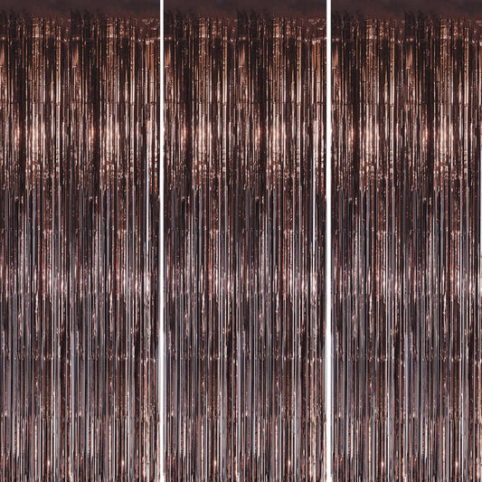 3 Pack Foil Fringe Backdrop - Brown Shiny Tinsel Curtains for Party Decoration/Photo Booth Props - 3.3x8.2 FT Metallic Foil Backdrop for Birthday, Wedding, Graduation, Christmas.
