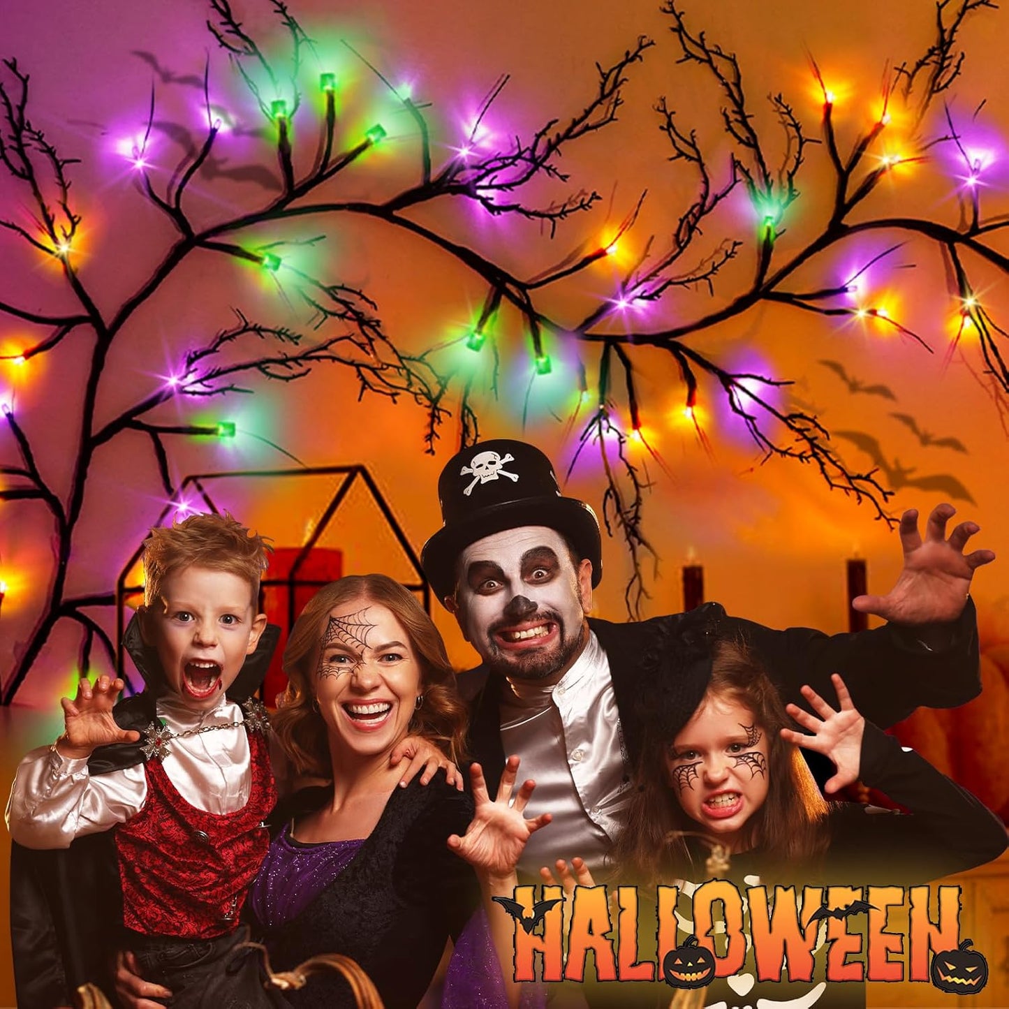 [ Timer & 8 Modes ] 6 Ft 54LED Halloween Willow Vine Twig Decor Branches Garland Decorations Orange ＆ Purple ＆ Green Lights -Battery Operated Garland for Indoor Wall Fireplace Halloween Decorations