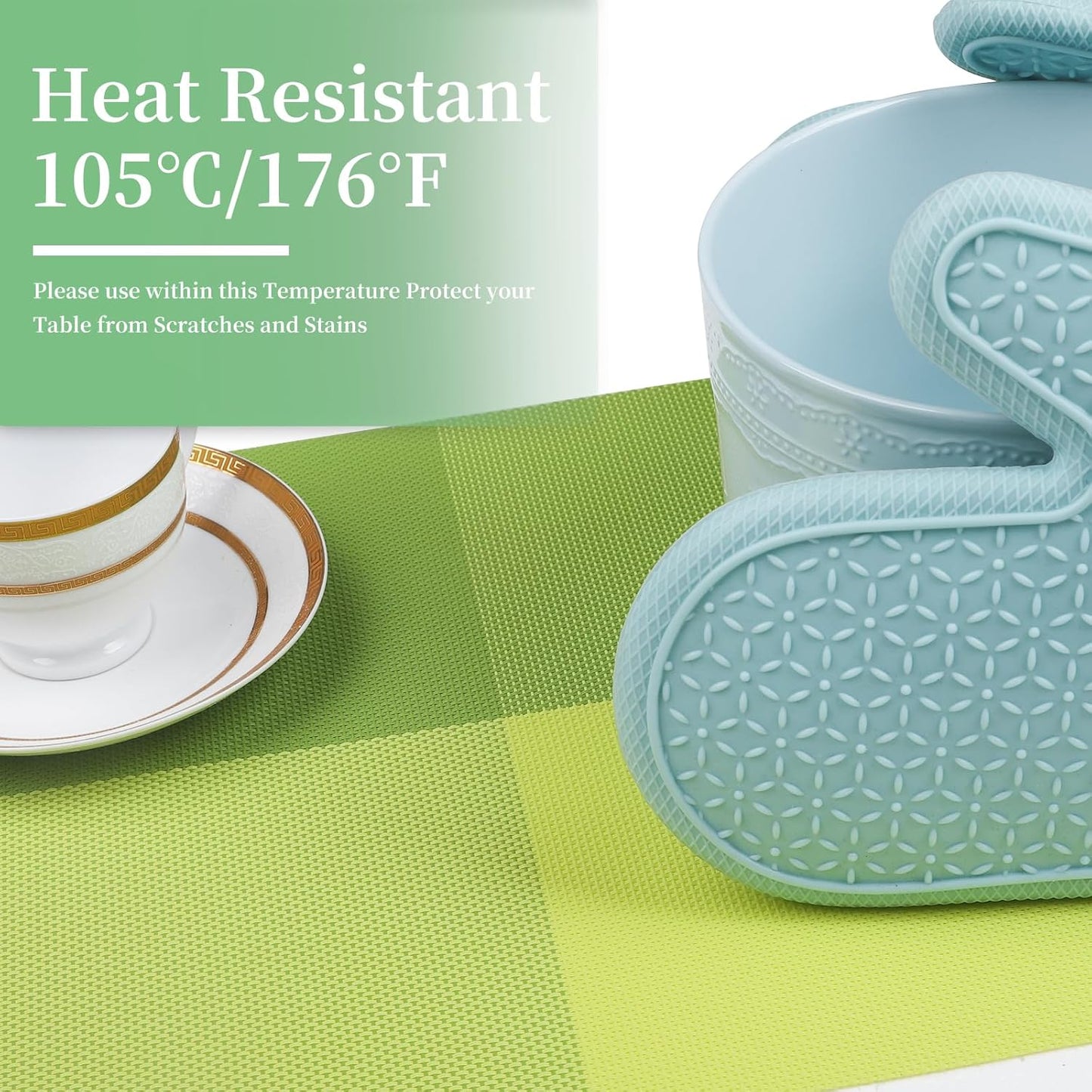 Vinyl Plastic Placemats Set of 6 Washable Heat Resistant Non-Slip Elegant Indoor Outdoor Kitchen Dining PVC Woven Table Place Mats (Matcha Green Lattice Block)