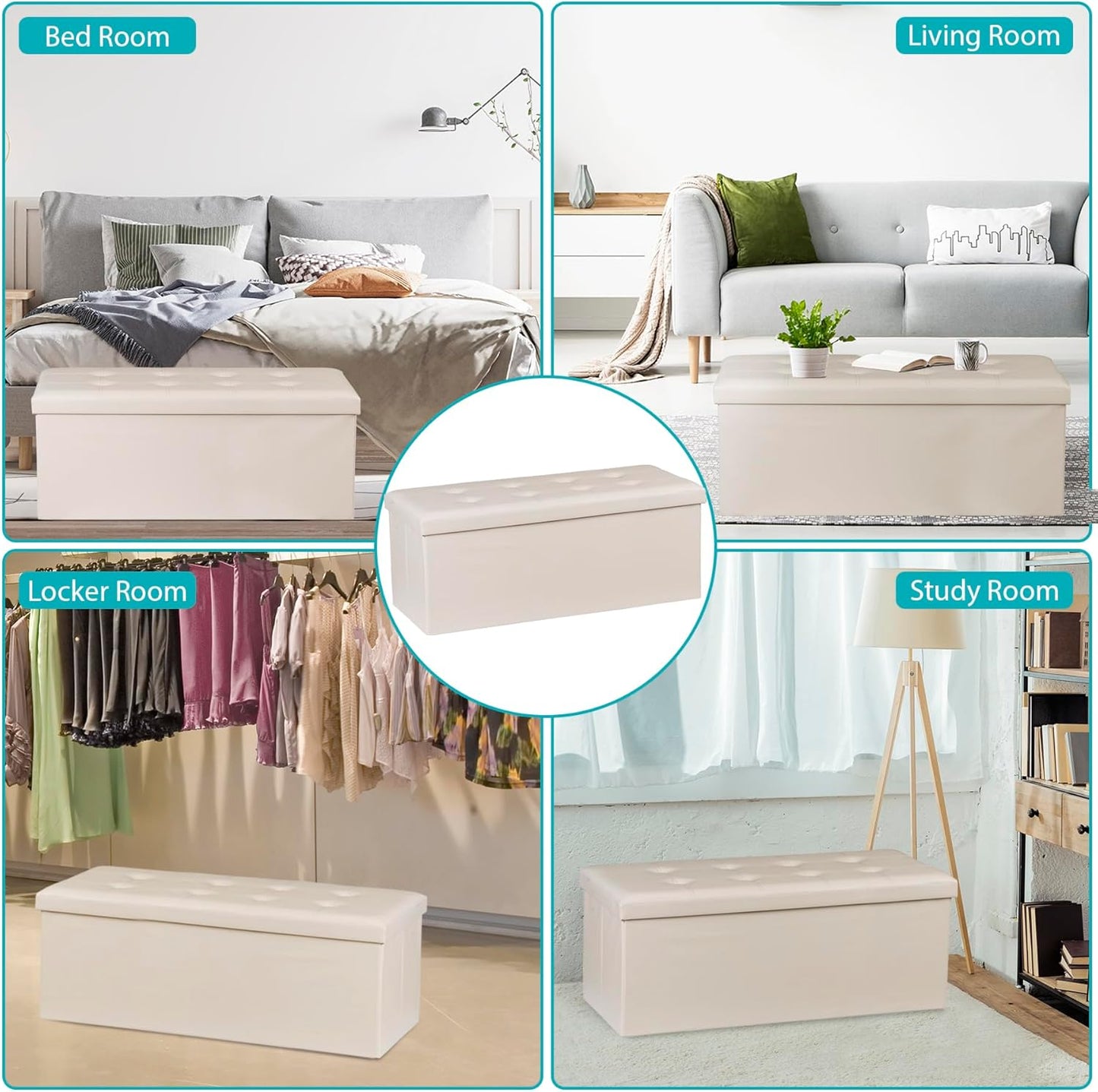 SUPER DEAL Folding Ottoman Bench with Storage, 43 Inch Padded Seat Footrest Shoes Bench for Bedroom Living Room Entryway, 660 lbs Capacity 43"x 15"x 15", Faux Leather, Beige