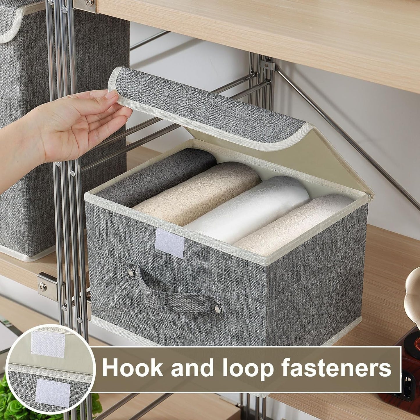 Storage Boxes, Collapsible Storage Bins with Lids, Cotton and linen cloth Storage Baskets with Handle, for Books, Closet, Bedroom, Home, 10.2x7.9x6.7 in, Grey