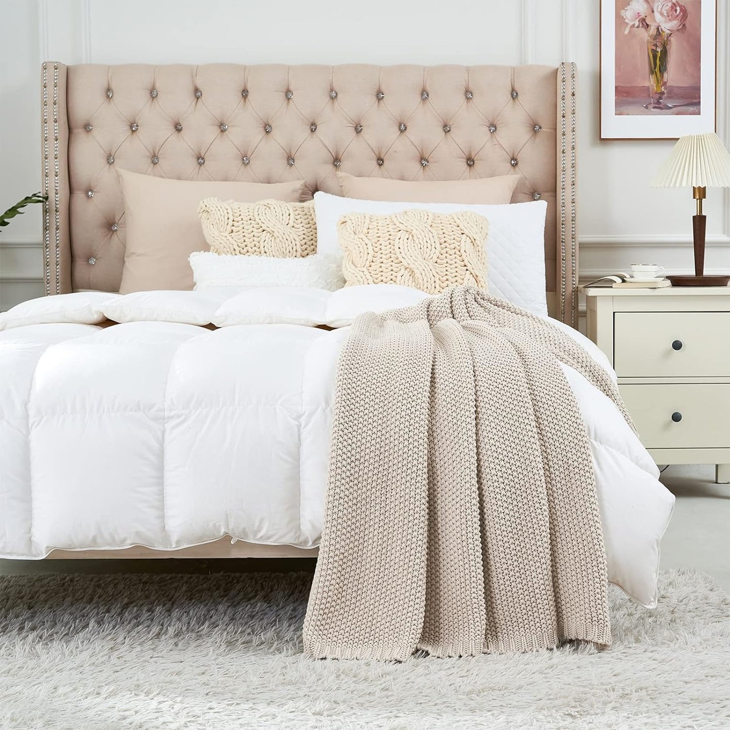 Longhui bedding Chunky Cable Knit Throw Blanket Lightweight Beige 100% Organic Cotton Blanket for Sofa Couch Bed Baby Nursery, Rustic Shabby Chic Modern Farmhouse, 60” x 80”