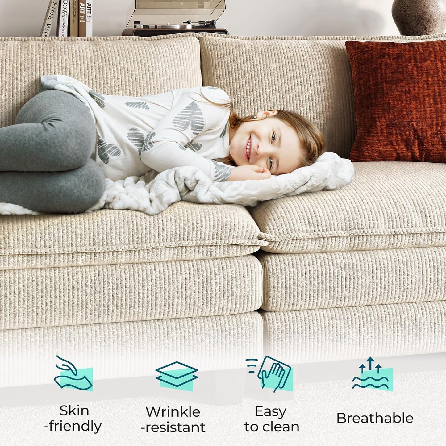 LINSY HOME Modular Sectional Sofa - 123'' Comfy Corduroy Cloud Sofa Oversized L Shaped Couch with Movable Ottoman, Soft Modern Sofa for Living Room Apartment, Beige