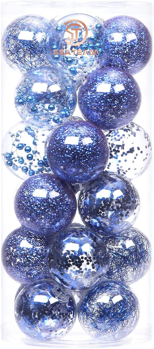 Sea Team 70mm/2.76" Shatterproof Clear Plastic Christmas Tree Ball Ornaments Set, Decorative Hanging Transparent Xmas Baubles with Stuffed Delicate Decorations (24 Counts, Royal Blue)