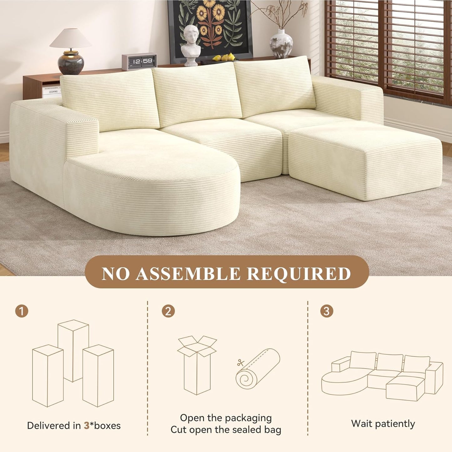 Modular Sectional Sofa with L-Shape Chaise,Cloud Sectional Modern Sleeper Couch with Deep Seat,Sponge Compression Sofas No Assembly Required (Beige-Corduroy Fabric) 1pcs