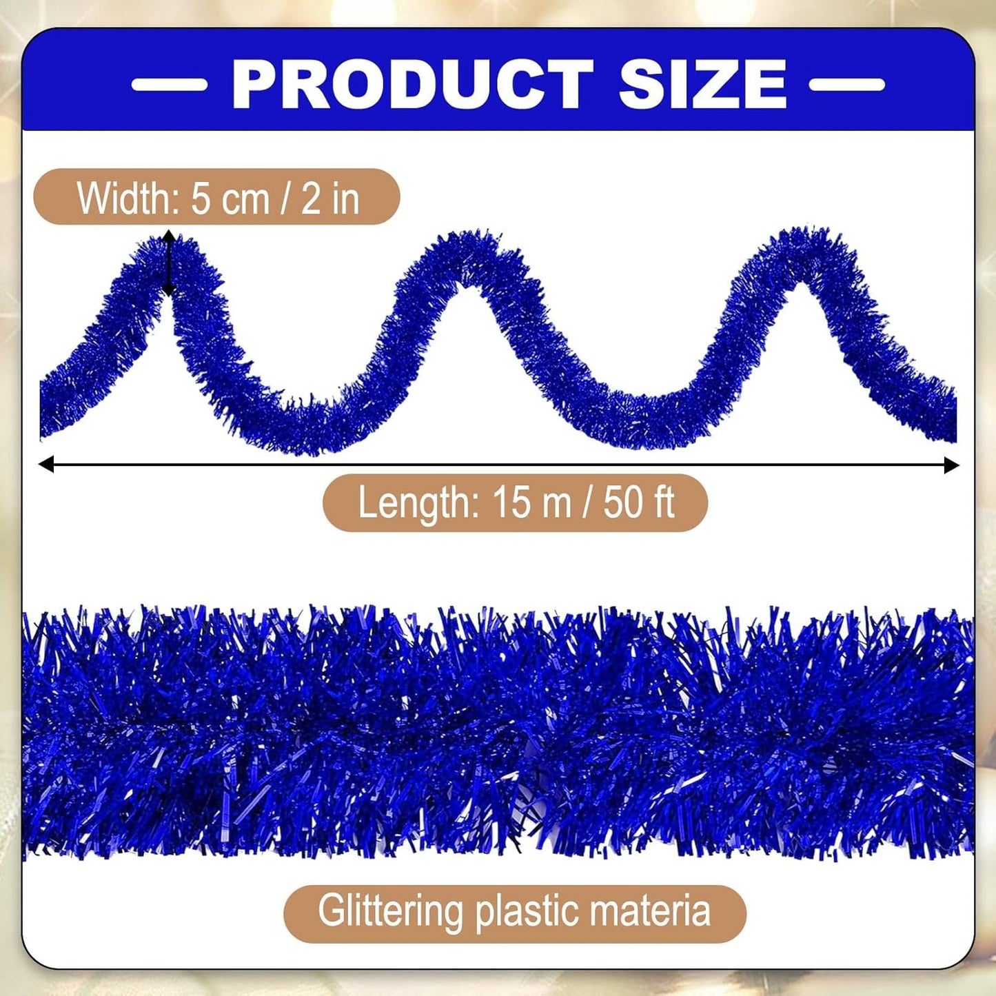 50 Feet Metallic Twist Tinsel Garland Backdrop for Parade Floats, Christmas Eve, New Year, Valentine's Day Party Decorations (Blue, 2in x 50ft)
