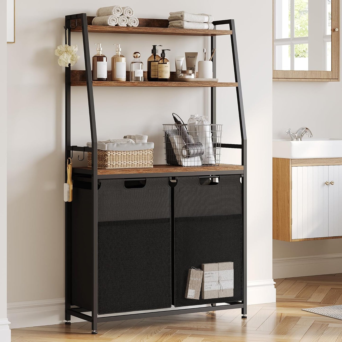 Lulive Double Laundry Hamper with Shelf, Laundry Basket with 3 Tier Storage Shelves & 4 Removable Hooks, Tall Laundry Sorter Clothes Hamper with Pull-Out Bags for Bathroom, Laundry Room