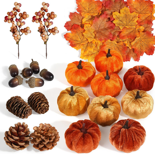 Artmag 51 PCS Artificial Fabric Pumpkins, Fall Harvest Decorations with Acorns, Pinecones, Berries, Maple Leaves for Fall Thansgiving Halloween Decoration