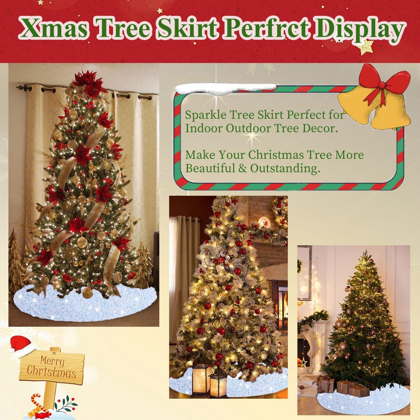 MODFUNS Christmas Tree Skirt Iridescent White Sequin Xmas Tree Skirt 36 Inch Glitter Velvet Tree Skirt Mat Shimmer Christmas Tree Floor Skirt Shiny Tree Collar for New Year Xmas Tree Decoration