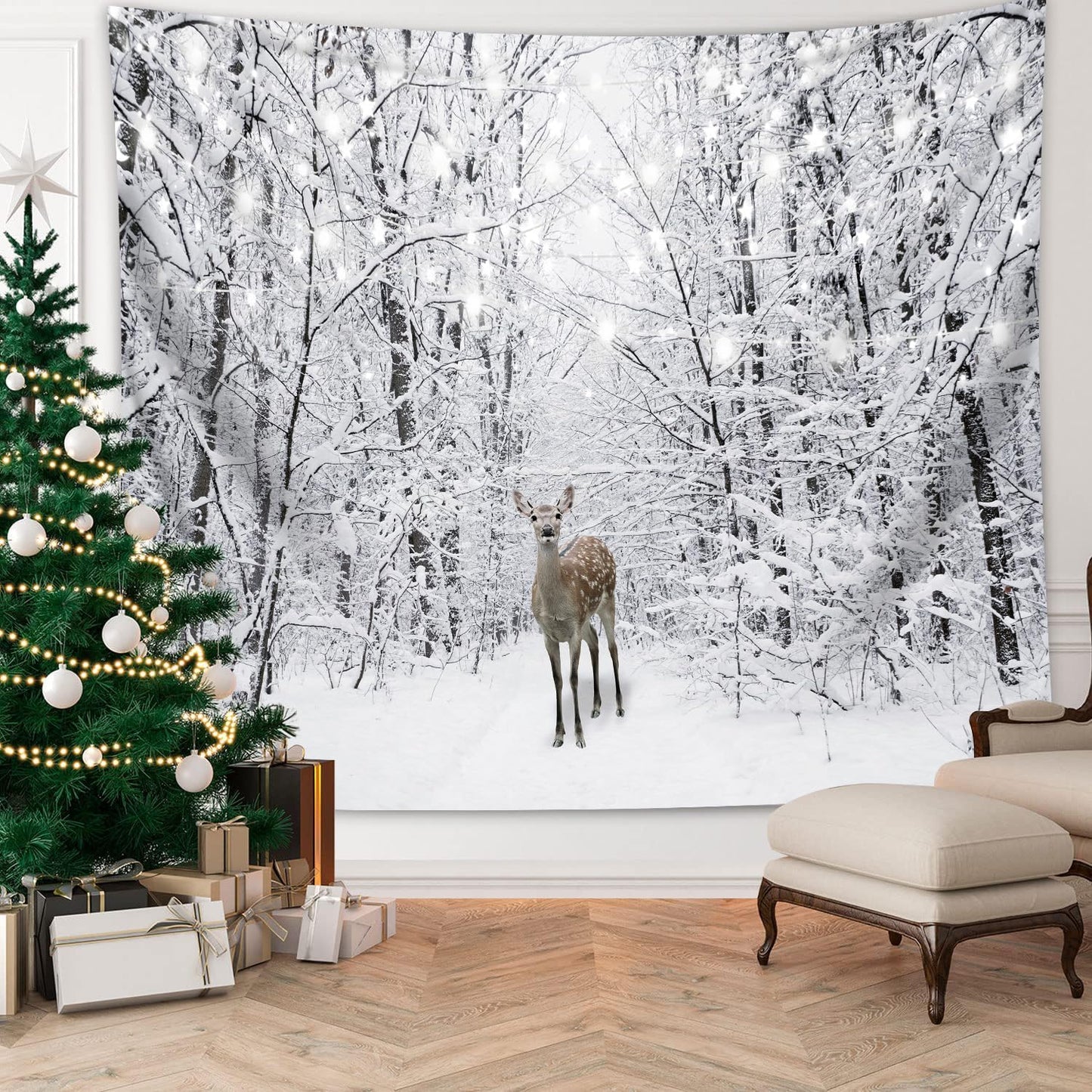 QGHOT Winter Tapestry Wall Hanging Snow Scene Backdrop Winter Wonderland Wall Decor Snowy Forest Wall Art Nature Woodland Deer Tapestry for Bedroom Room Dorm Party Decoration