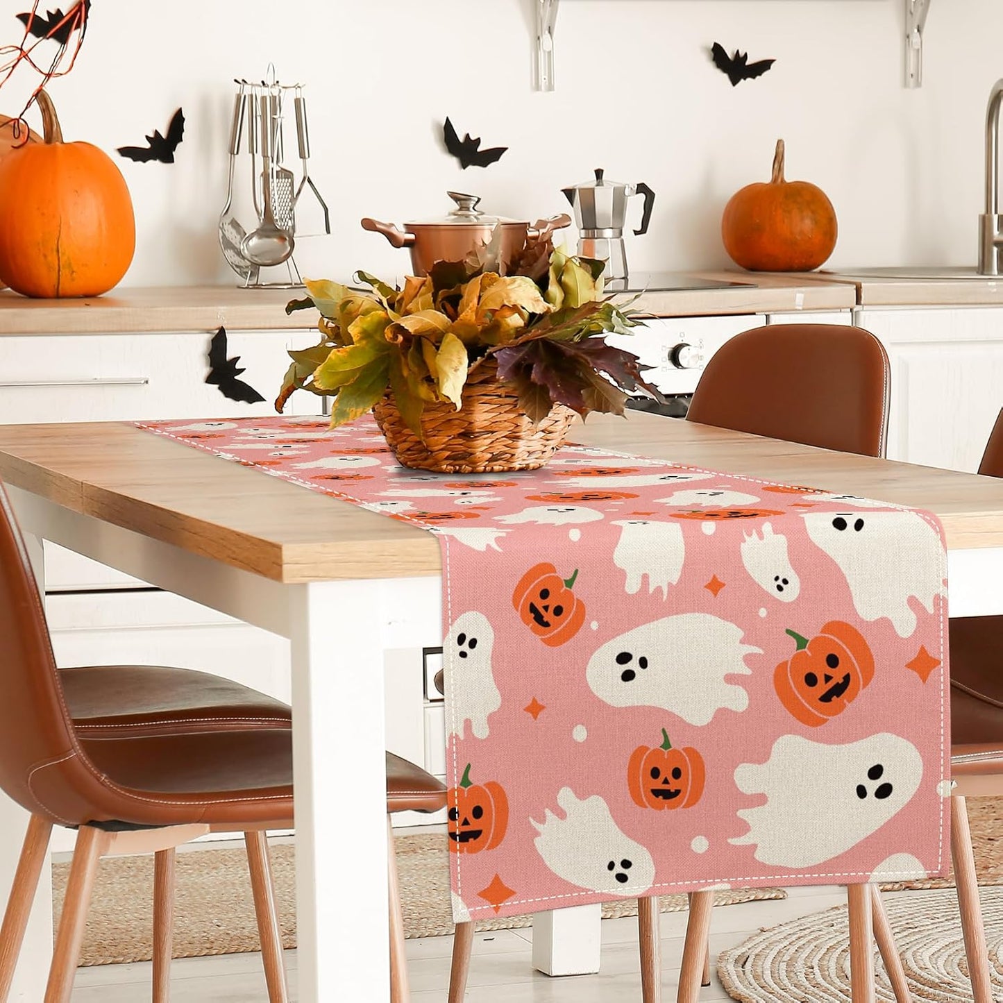 AnyDesign Pink Halloween Table Runner Cute Ghost Table Cover Spooky Halloween Kitchen Dining Table Decoration for Indoor Outdoor Home Party Supplies, 13 x 72 Inch