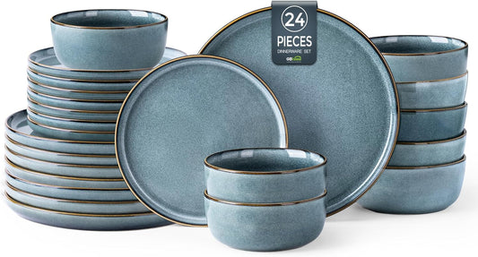 GBHOME Ceramic Dinnerware Sets for 8, 24 Pieces Stoneware Plates and Bowls Sets, Scratch Resistant Dishes, Dishwasher & Microwave Safe, Reactive Glaze-Space
