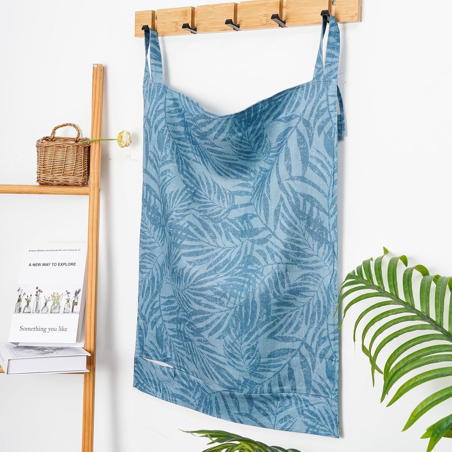 Linen Hanging Laundry Bag, 100% Linen Leaf Print Over The Door Laundry Hamper with Buttons and Zipper, Space Saving Door Hampers for Laundry Dirty Clothes Home Travel, Blue, 19.7x27.5inches