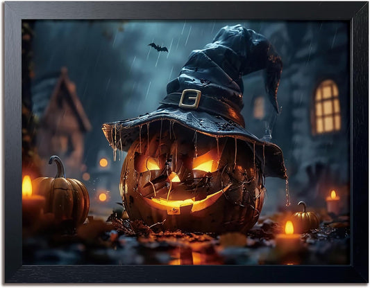 Wood Framed Dark Halloween Pumpkin Wall Art, Gothic Witch Hat Jack-o'-Lantern Canvas Print, Dark Academia Spooky Haunted House Poster Wall Art for Living Room Bedroom Room Aesthetics 8x10 inch
