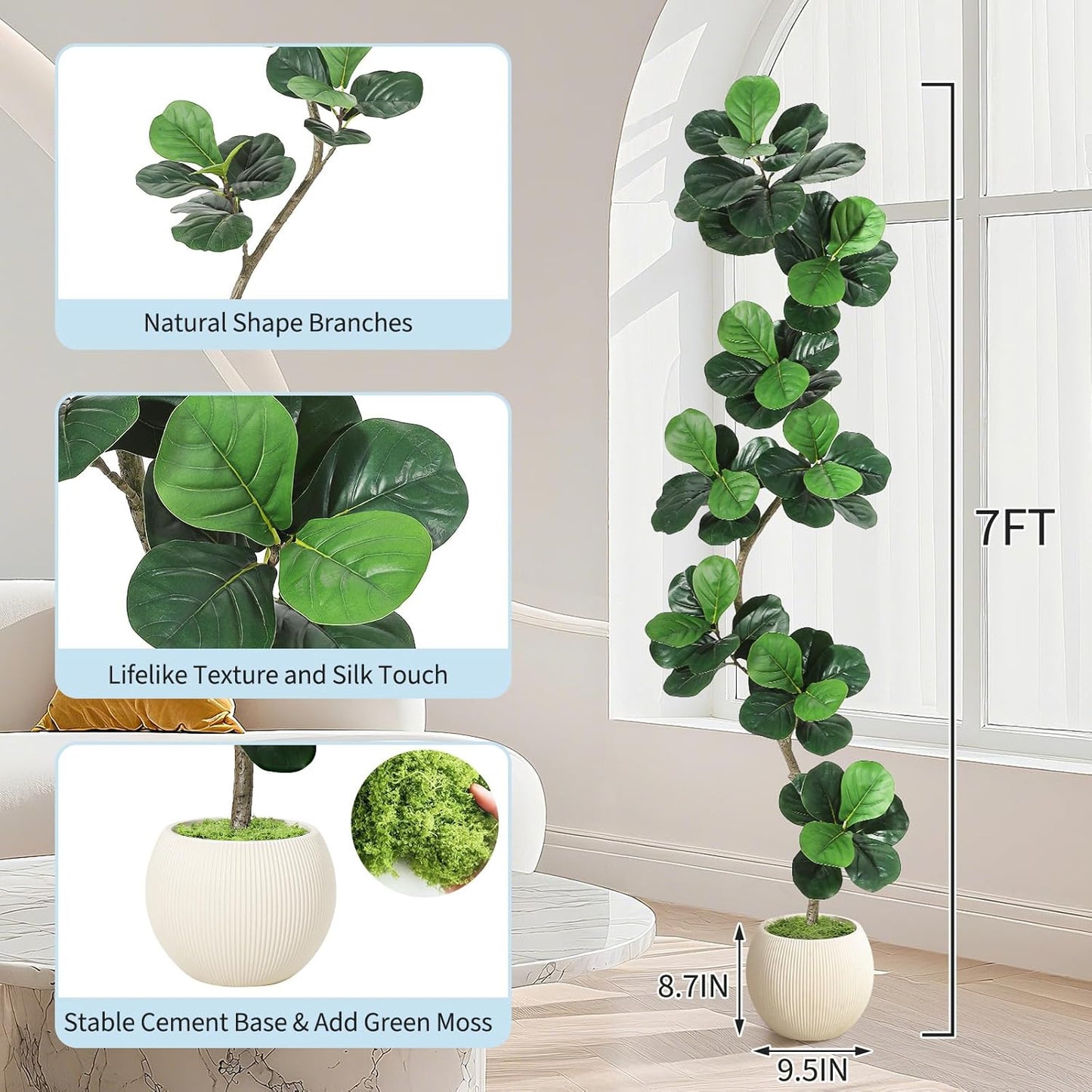 GarveeHome Fiddle Leaf Fig Artificial Tree with White Planter,7ft Faux Plants Indoor with Moss, Fake Rubber Tall Fake Floor Plant in Pot - Artificial Trees for Home Office Living Room Decor