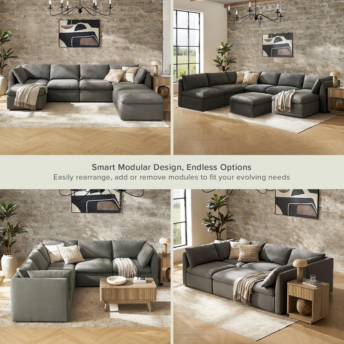 mopio Oversized Modular Sectional Sofa with Fully Removable Covers and Storage, Convertible U, L-Shaped and Sleeper Sectional, Modern Couches with Ottoman Chaise (Stone Gray Fabric, 5 Seats, L)