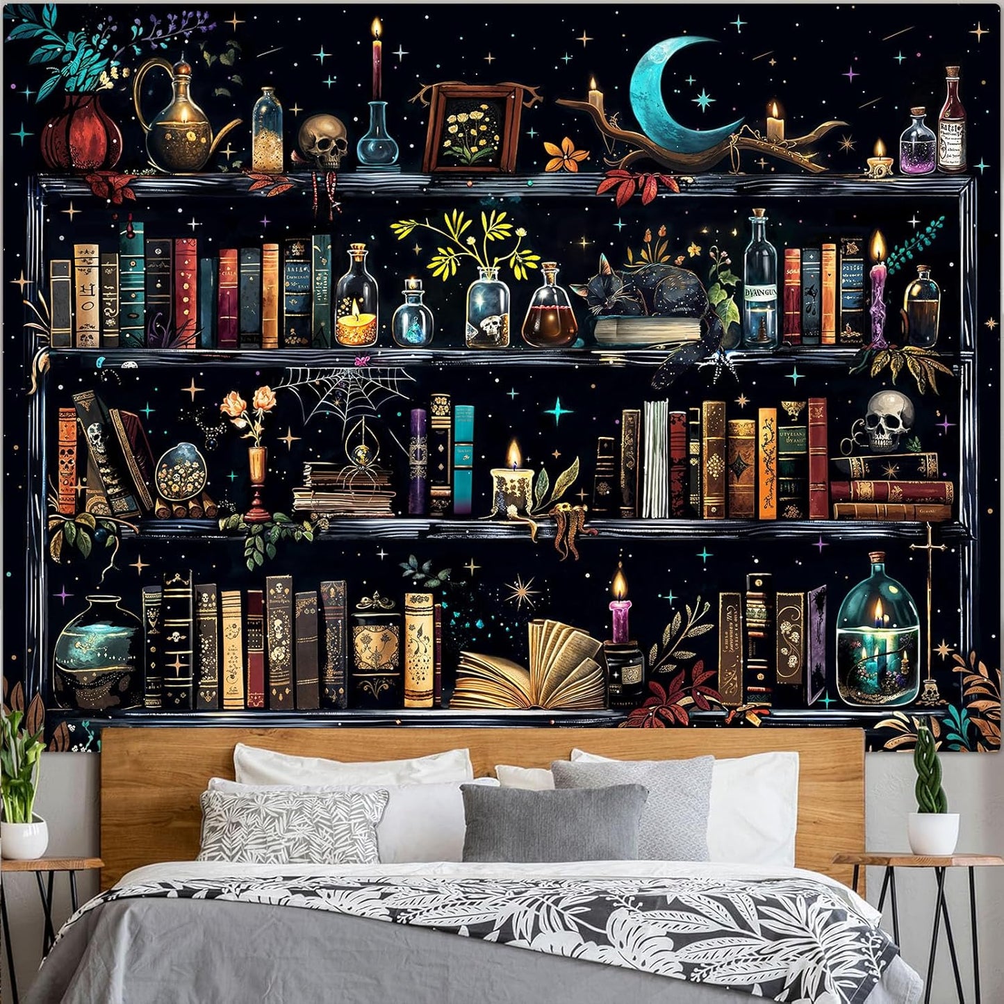 Accnicc Magic Bookshelf Tapestry Magical Witchy Potion Dark Hippie Haloween Tapestries Wall Hanging Gothic Skull Black Cat Library Book Large Tapestry for Bedroom Living Room Dorm 90 x 68 inch