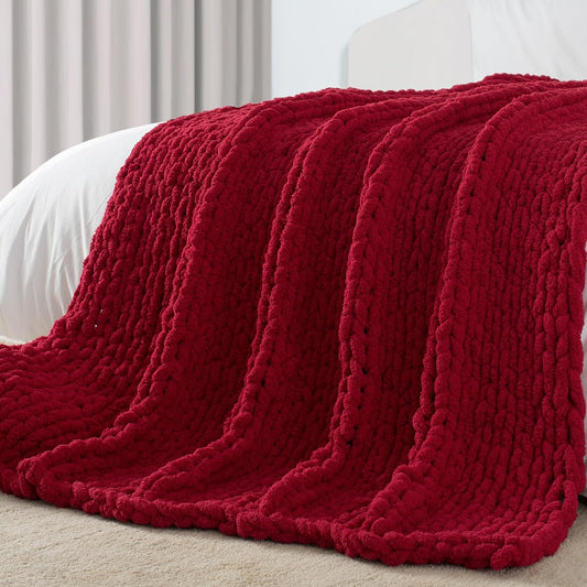 Carriediosa Chunky Knit Throw Blanket 50" X 60", 100% Hand Made Large Chenille Loop Yarn Soft Fluffy Throws for Couch Sofa Bed, Big Crochet Cozy Heavy Thick Cable Woven Blankets, Red