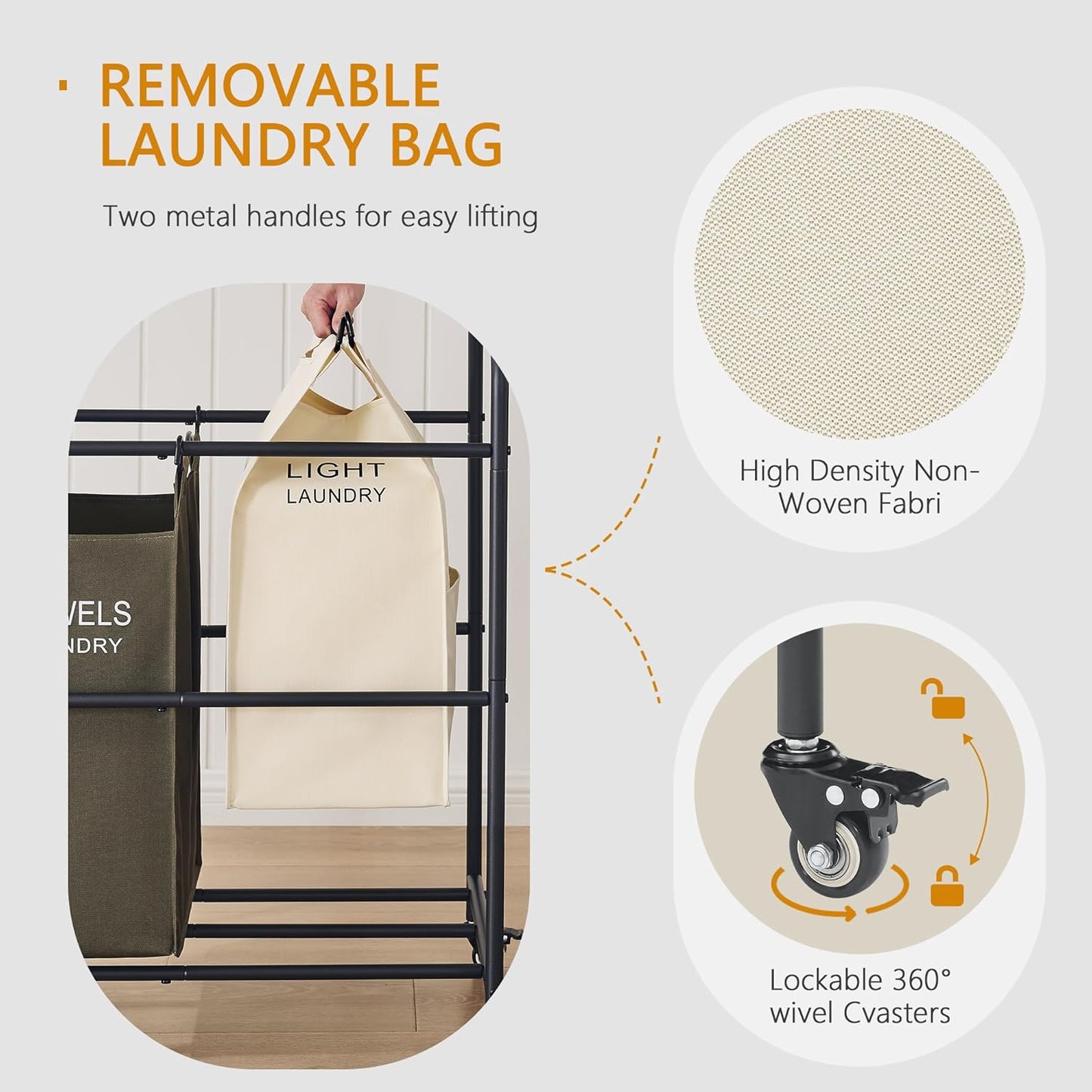 Laundry Sorter 3 Section,Laundry Hamper Cart with Hanging Rack & Removable Bags,Heavy Duty Laundry Basket Organizer with Wheels & 2 Tier Shelf,3 Colors