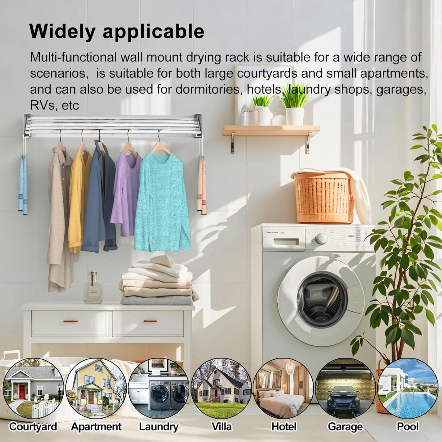 Wall Mounted Drying Rack, Foldable Laundry Rack, Collapsible Drying Rack, 5 Stainless Rods, Wall Mounted Clothing Rod with 2 Towel Bar, 90 lb Capacity, 31.5" White