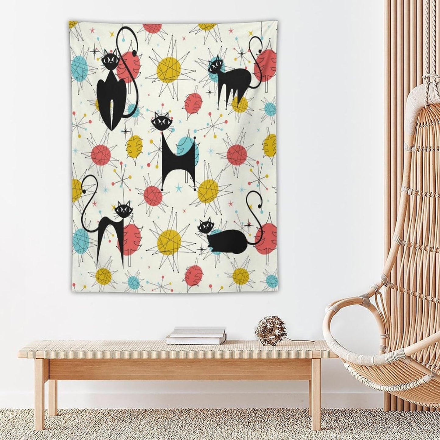 ICMOLYYENLO Abstract Cat Tapestry, Medieval Abstract Atomic Star Cat Vintage Home Wall Hanging Art Tapestry for Bedroom Living Room Dormitory 60x60 Inch