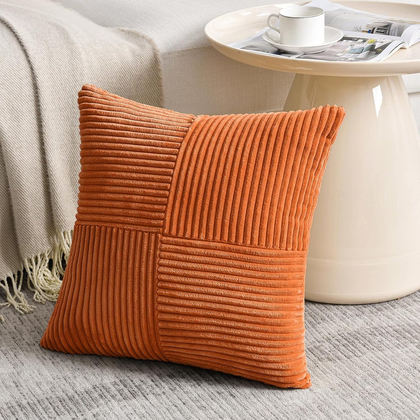 Fancy Homi 2 Packs Burnt Orange Decorative Throw Pillow Covers 20x20 Inch for Living Room Couch Bed Sofa, Rustic Farmhouse Boho Home Decor, Soft Corss Corduroy Patchwork Accent Cushion Case 50x50 cm