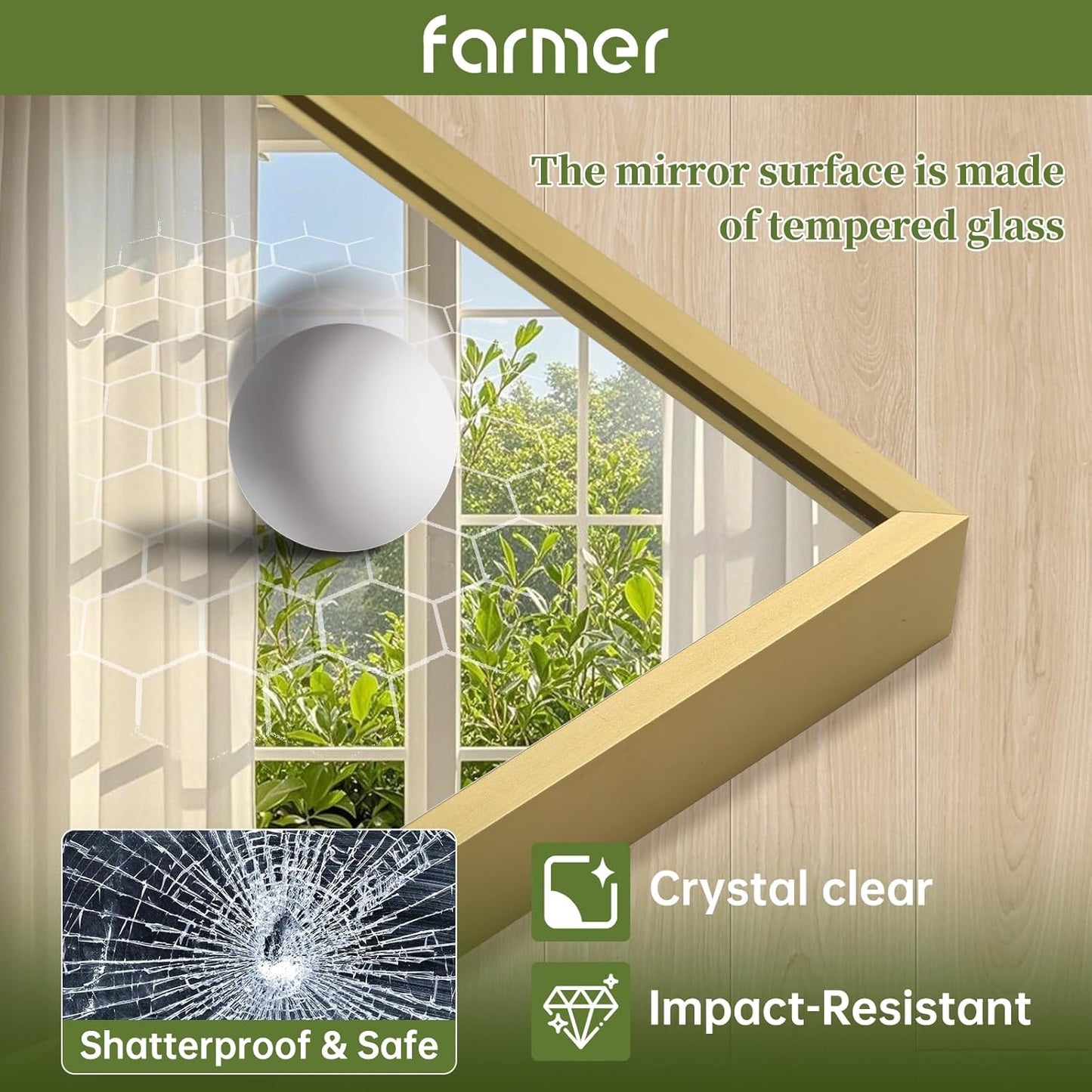 FARMER 16x24 Inch Gold Bathroom Mirror, Rectangle Wall Mounted Mirror, Vanity Mirror, Brushed Square Mirror, Framed Bathroom Mirror for Bedrooms, Entryways, Living Rooms, Horizontal/Vertical