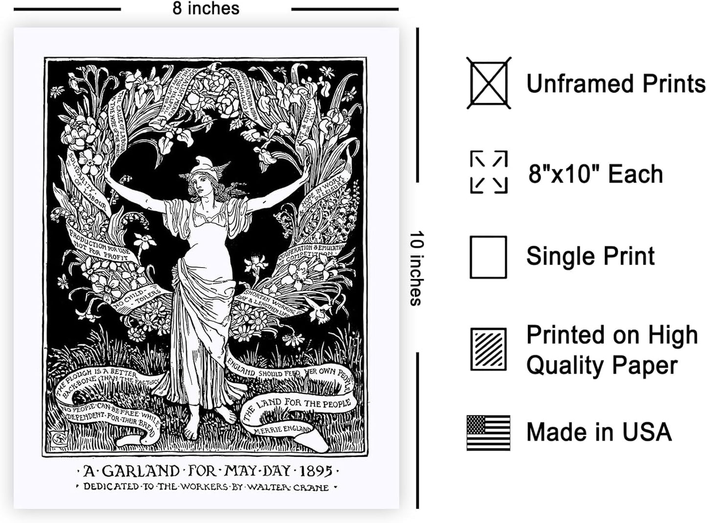 Poster Master Vintage Walter Crane Poster - Retro A Garland for May Day Print - Socialist Art - Gift for Him, Her, Men, Women - Wall Decor for Home, Office, Living Room - 8x10 UNFRAMED Wall Art