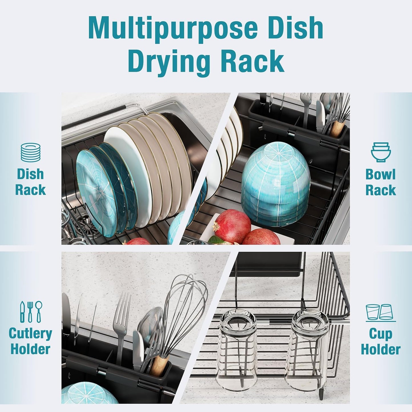 Dish Drying Rack in Sink, Over The Sink Colander Strainer Basket, Stainless Steel Strainer Basket with Expandable Rubber Grip Handles for Vegetables, Fruits, Home Kitchen Essentials, Black