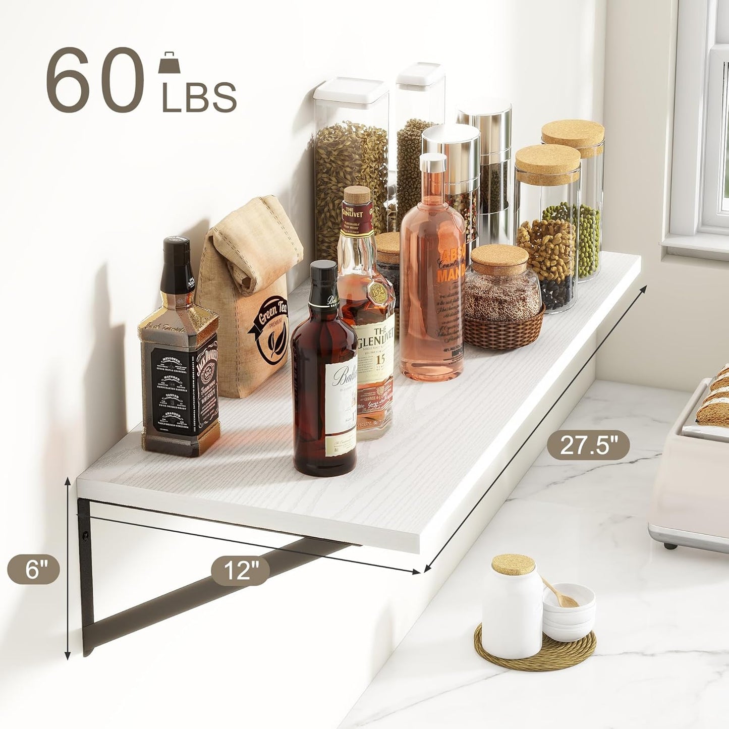 Fun Memories 27.5" W x12 D Floating Shelves, White Wall Shelf with Brackets, 12 Inch Deep Floating Shelf Set of 2, Large Storage Kitchen Living Room Bathroom Shelves, Wood Wall Mounted Shelf