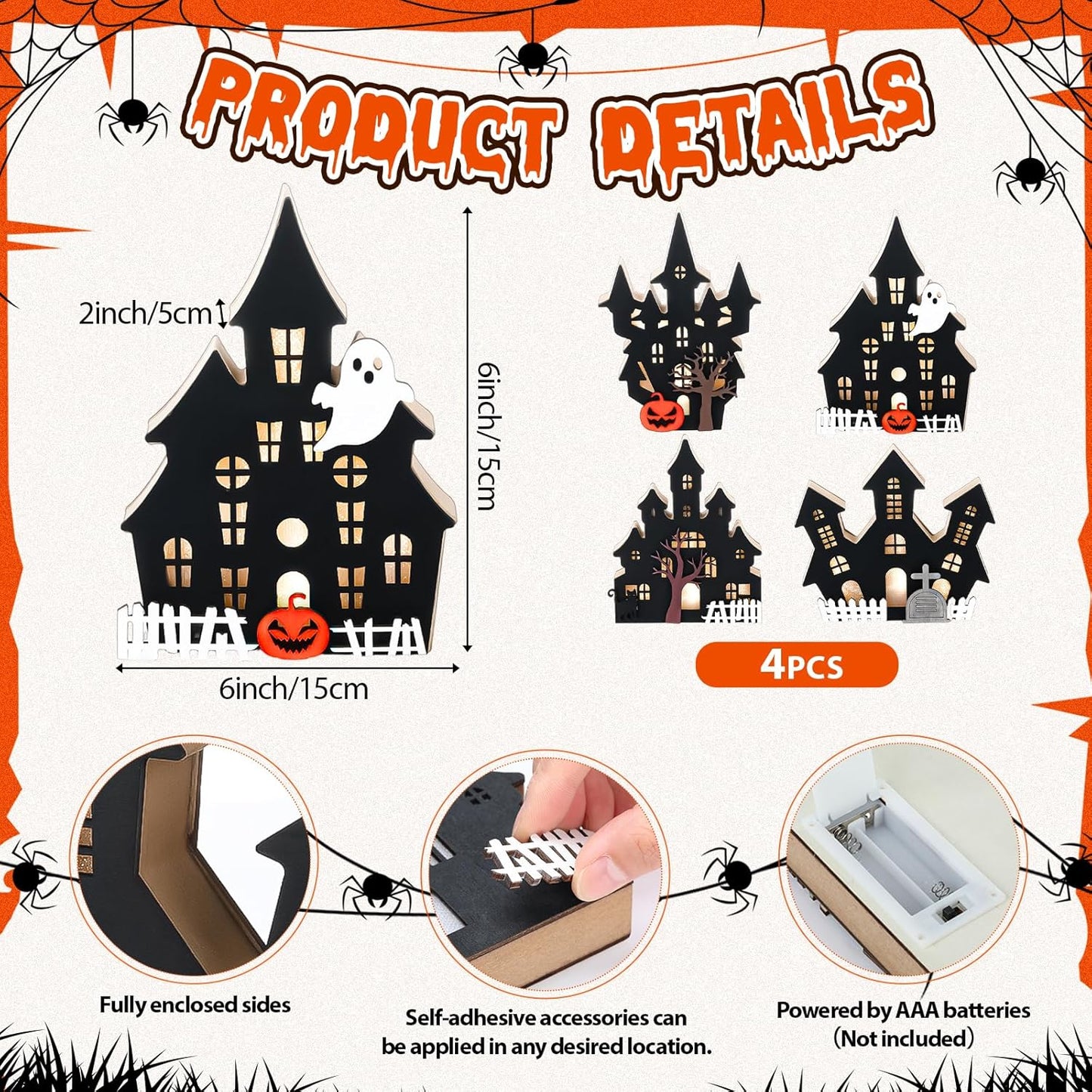 Bucherry 4 Pack Halloween Table Haunted House Decor Lighted Wooden Village Ghost House 3D Tabletop Decorations for Halloween Indoor Home Kitchen Desk Gift(Classic Style)