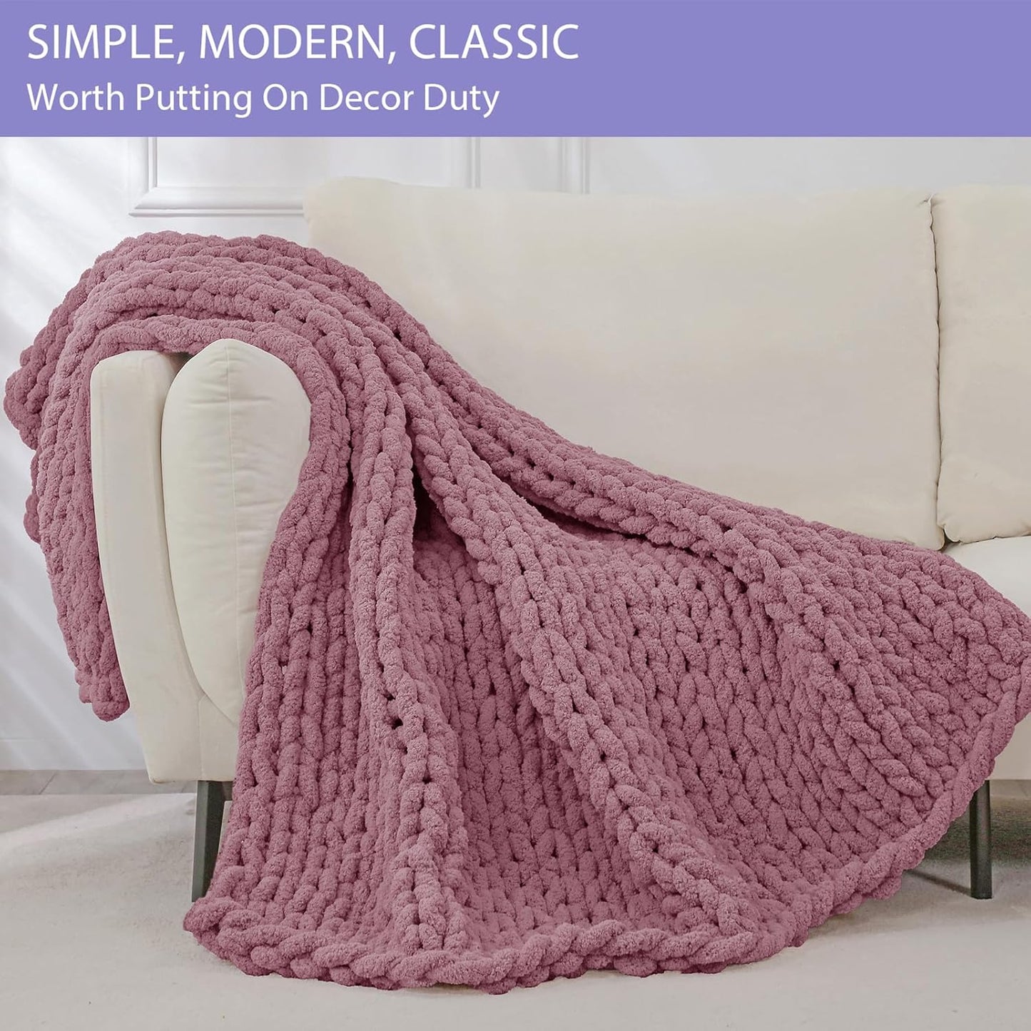 Bigacogo Chunky Knit Throw Blanket for Couch, 40x40 inches, 100% Hand Knitted with Thick Jumbo Chenille Yarn, Cozy Soft Large Rope Knot Cable Crochet Blankets for Sofa Bed Living Room, Burnt Rose