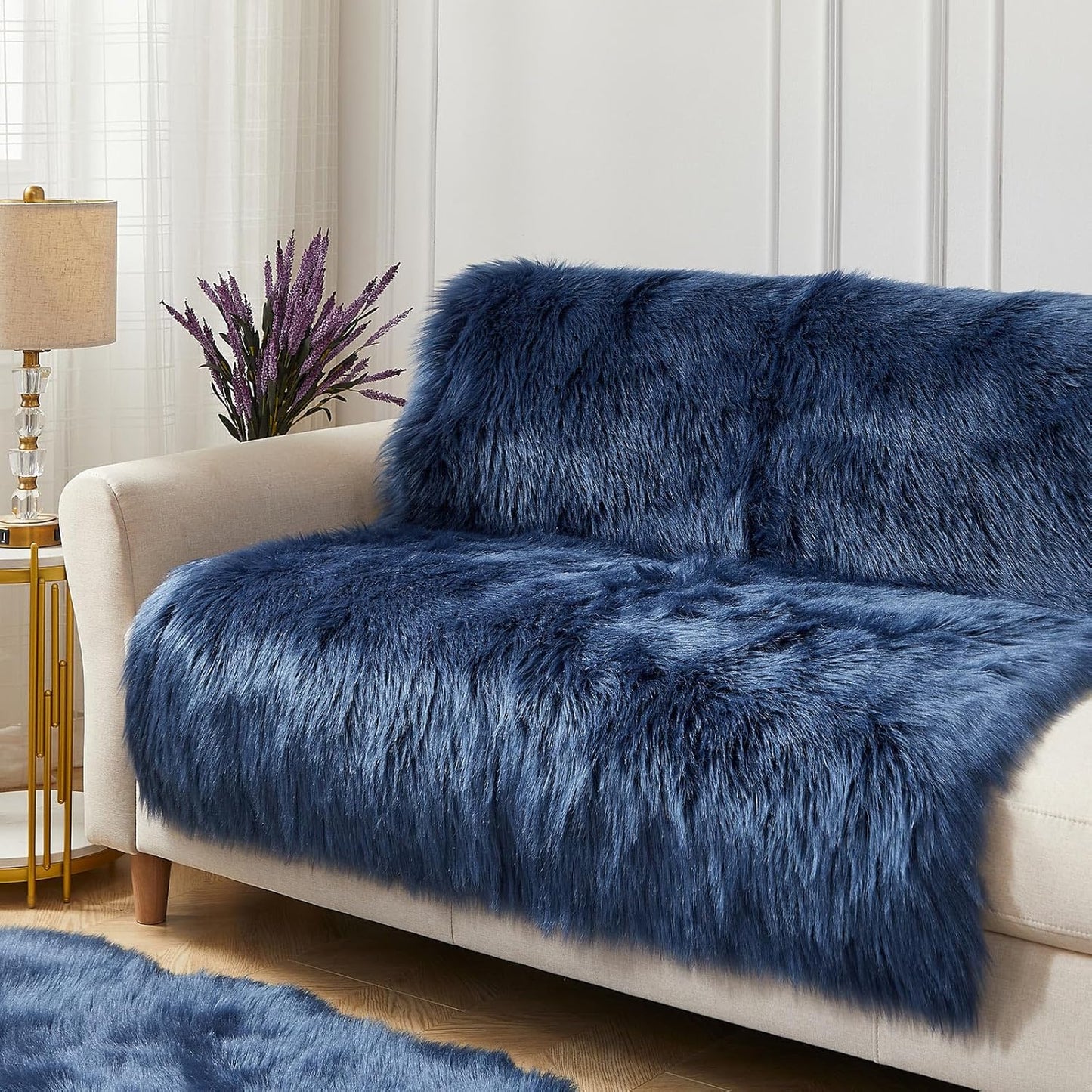 AMTOVO Faux Fur Sheepskin Rug for Living Room, 4 x 6 ft Dark Blue Fluffy Area Rug for Bedroom, Playroom, Luxury Room Decor, Rectangle