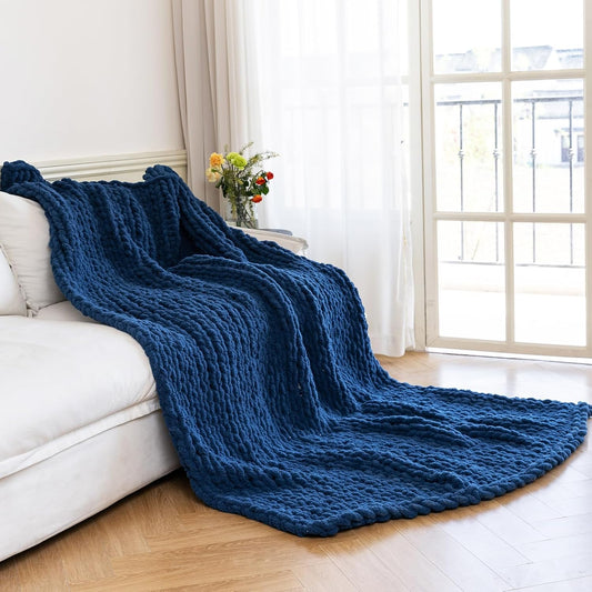 Chunky Knit Blanket - Luxury Soft Cozy 60 * 80 Throw Blanket,100% Woven Blanket Rope Knot Throw Blanket for Couch, Sofa, Home Decor, Gift - Machine Washable（Deep Blue）
