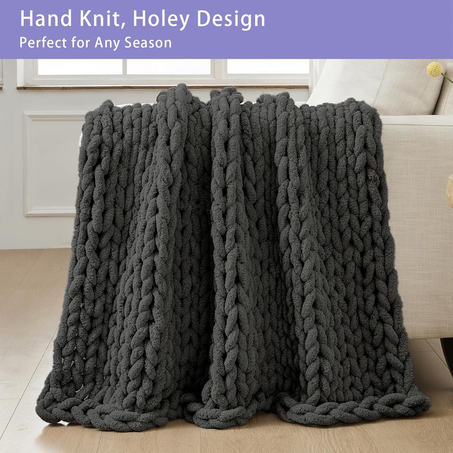 Bigacogo Chunky Knit Throw Blanket for Couch, 40x60 inches, 100% Hand Knitted with Thick Jumbo Chenille Yarn, Cozy Soft Large Rope Knot Cable Crochet Blankets for Sofa Bed Living Room, Dark Grey