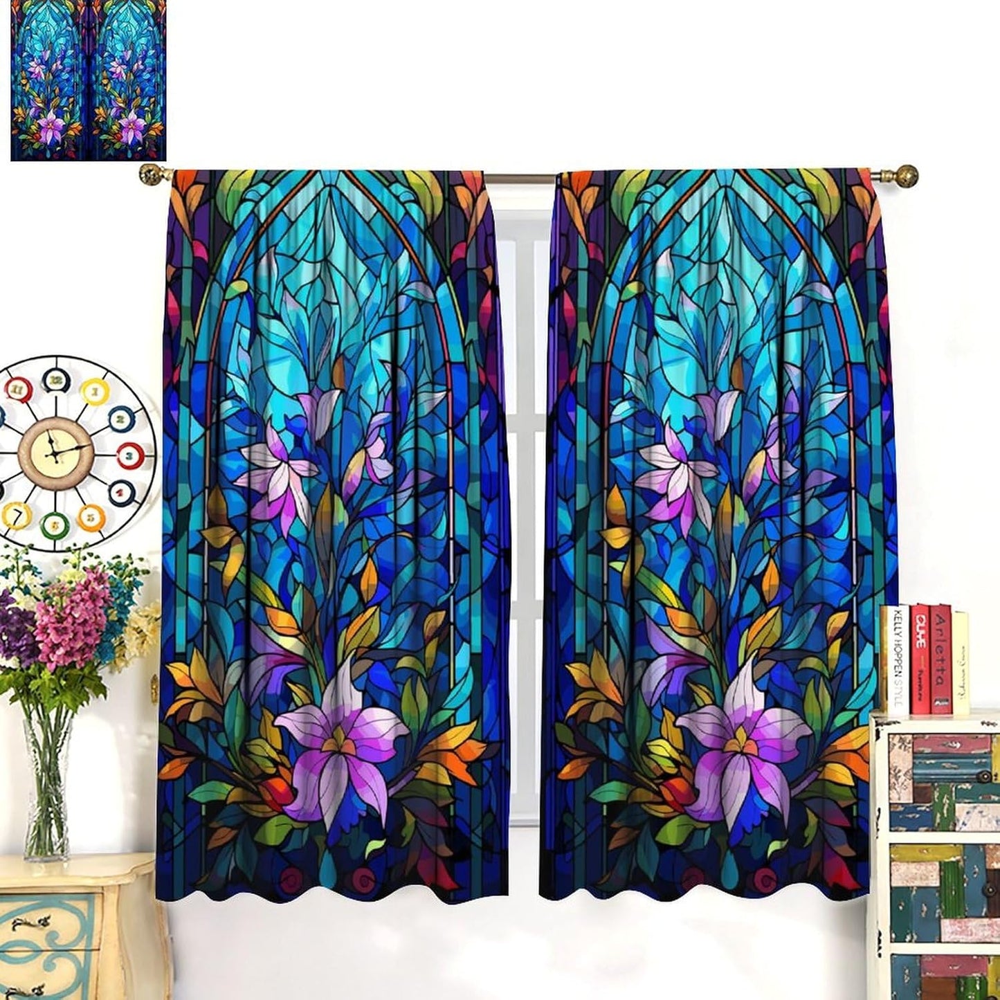Stained Glass Curtains,Abstract Colorful Floral Geometric Art Home Decor Drapes for Bedroom Living Room Kitchen Window Treatment 2 Panels Set Total Size 42" W X 63" L Inch