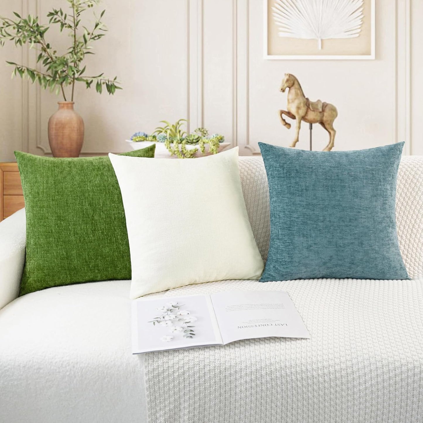 CaliTime Throw Pillow Covers Decorative 20 X 20 Inches Pack of 2 Cozy Chenille Cushion Cases for Couch Sofa Bed Living Room Home Cream