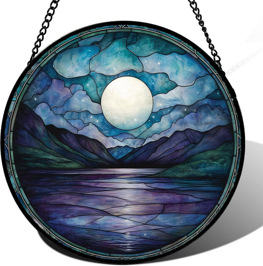 Stained Glass Window Hanging, Blue Night Moon Lake Sun Catchers Colorful Glass Panel Landscape Suncatcher Decor for Birthday for Women, Men, Wife, Aunt, and Mom 14.9x14.9 in