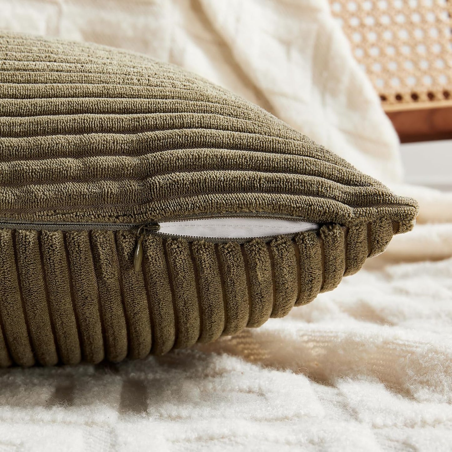 Fancy Homi 2 Packs Olive Green Lumbar Decorative Throw Pillow Covers 14x24 Inch for Couch Bed, Farmhouse Boho Home Decor, Soft Striped Corduroy Rectangle Accent Cushion Case 35x60 cm