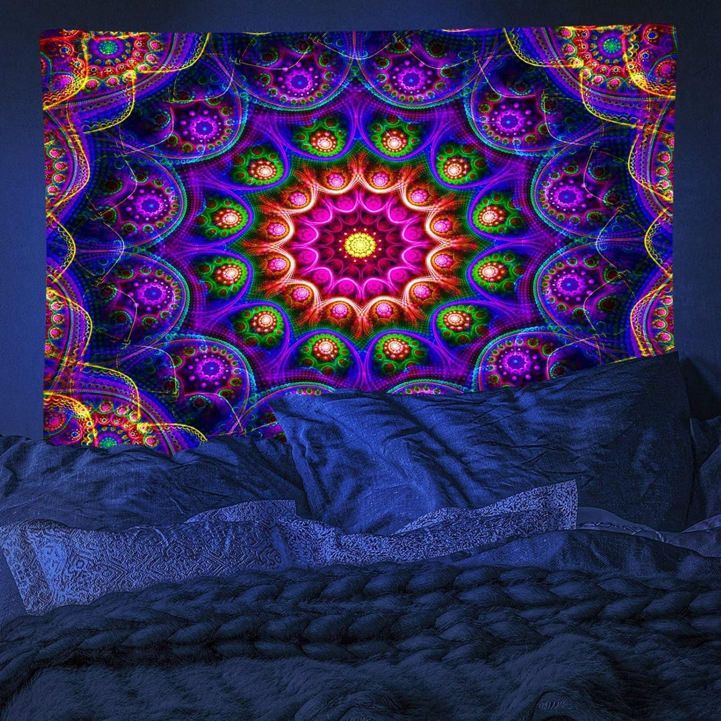 Blacklight Trippy Mandala Tapestry, Boho Black Light Posters for Adults UV Reactive Room Decor for Bedroom Wall (80 x 60 Inches)