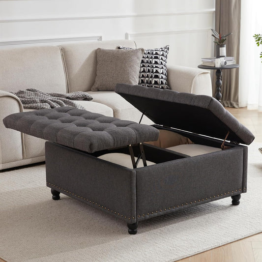Tbfit Large Square Storage Ottoman Bench, Tufted Upholstered Coffee Table Ottoman with Lift Top & Wooden Legs, Oversized Storage Ottomans Toy Box for Living Room (Dark Grey)