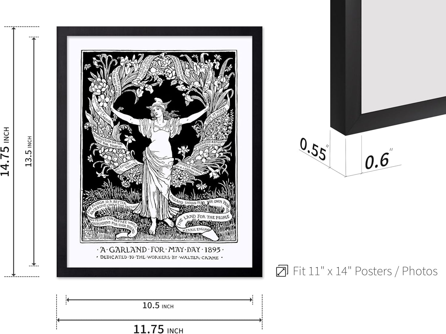 Poster Master Vintage Walter Crane Poster - Retro A Garland for May Day Print - Socialist Art - Gift for Him, Her, Men, Women - Wall Decor for Home, Office, Living Room, 11x14 Black Framed