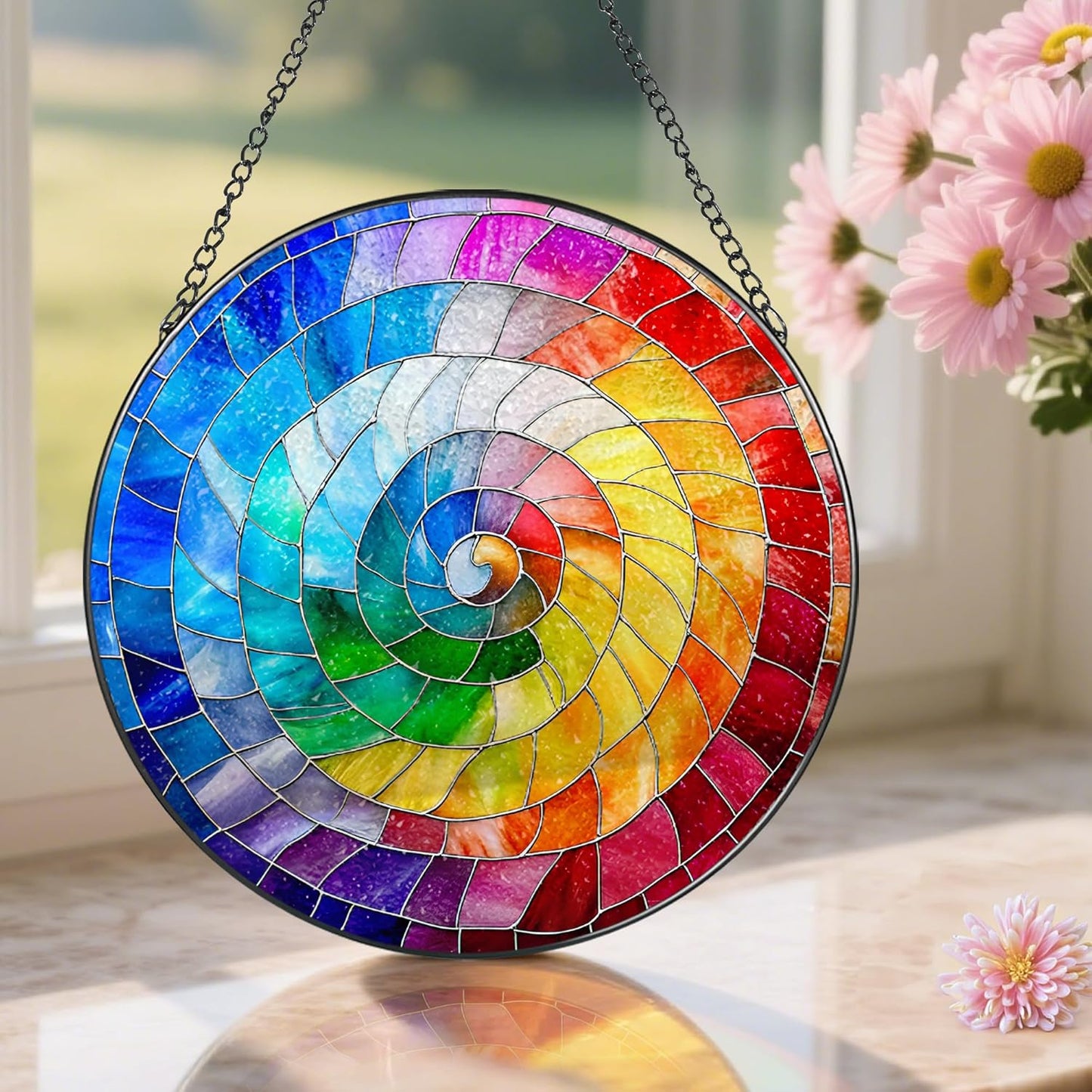 Stained Glass Window Hanging, 8 Inch Rainbow Spiral Stained Glass Suncatcher, Spiral Window Hanging Decor, Geometric Spiral Suncatcher Wall Decor, Gift for Women Men Wife Lovers and Mom
