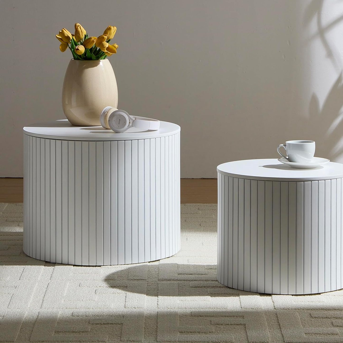 Round Coffee Table with Storage,19.17" Nesting Coffee Table Set of 2,Mid Century Modern End Table for Living Room,Side Table for Apartment,Office,Dorm(White)