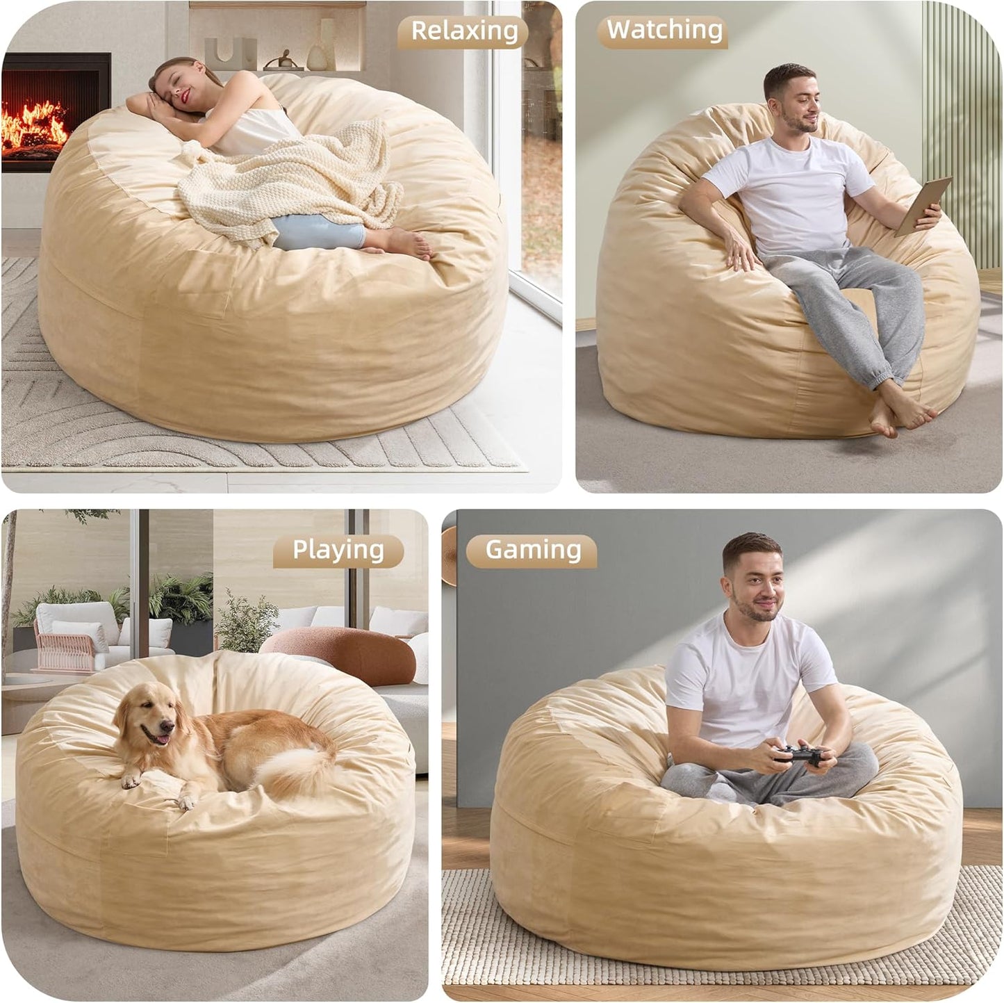 Hobestluk 5FT Bean Bag Chair Giant Bean Bag Chairs for Adults Large Bean Chairs with Removable Cover, Beanbag Chair with Filler, Adult Bean Bag Chairs for Living Room, Bedroom